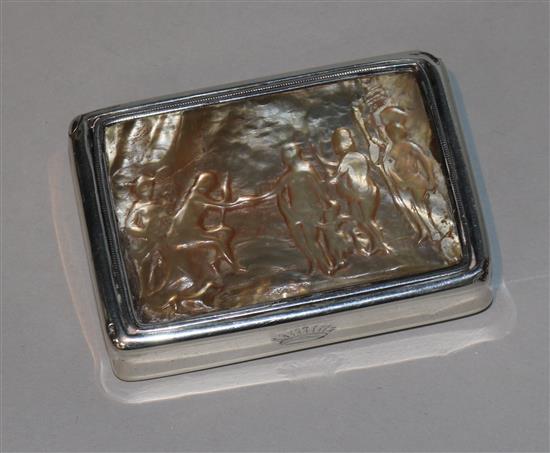 A 19th century Dutch silver snuff box with mother of pearl inset to lid, 82mm.